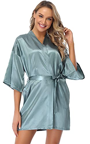 Vlazom Kimono Mujer Bata para Satén Mujer, Albornoces para Mujer de Batas Novia Boda de Pijamas para Kimono Dama de Honor Suave y Sexy S-XXL,L,Verde oscuro - Dama de Honor