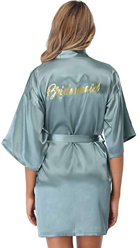 Vlazom Kimono Mujer Bata para Satén Mujer, Albornoces para Mujer de Batas Novia Boda de Pijamas para Kimono Dama de Honor Suave y Sexy S-XXL,L,Verde oscuro - Dama de Honor