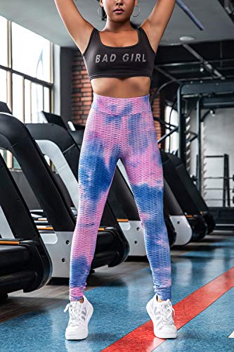 Voqeen Mujer Pantalones de Yoga con Efecto Tie Dye con Textura de Panal Leggings Fruncidos con Pliegues de Levantamiento de Glúteos de Cintura Alta Medias de Botín Leggings Deportivos de Gimnasio