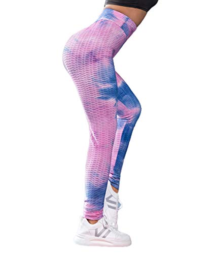 Voqeen Mujer Pantalones de Yoga con Efecto Tie Dye con Textura de Panal Leggings Fruncidos con Pliegues de Levantamiento de Glúteos de Cintura Alta Medias de Botín Leggings Deportivos de Gimnasio