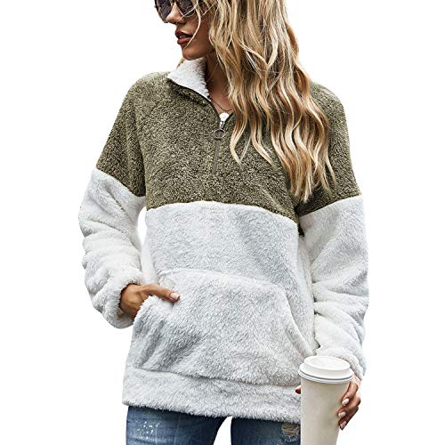 Voqeen Mujer Sudaderas con Teñido Anudado Collar del Soporte Pullover de Vellón Difuso de Manga Larga Jersey de Color de Contraste con Cremallera de 1/4 Abrigo Outwear Tops con Bolsillos