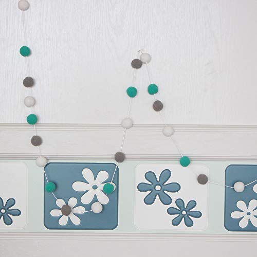 VOSAREA 2M 30 Bolas de Fieltro de Lana Bola Pom Poms Guirnaldas Cuerdas para el Dormitorio Fiesta de cumpleaños Decoración para Colgar en la Pared (Blanco + Gris + Verde)