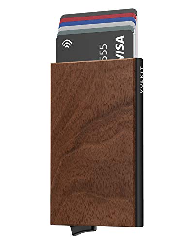 VULKIT Tarjeteros para Tarjetas de Credito de Grano de Madera de Nogal Tarjetero Automatico RFID Bloqueo Hombre o Mujer Minimalista - Estuche Negro