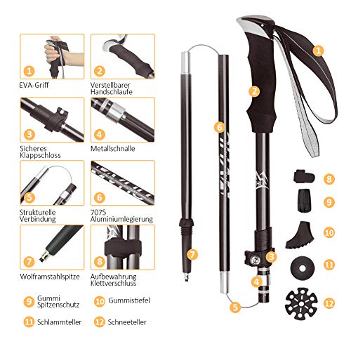 vvhu Walking Sticks - 2 bastones de trekking de aluminio, plegables, ajustables, cierre rápido, ligeros, antichoque para hombres o mujeres para trekking, montañismo, 3 opciones de color (negro)