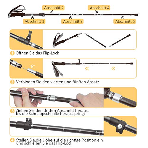 vvhu Walking Sticks - 2 bastones de trekking de aluminio, plegables, ajustables, cierre rápido, ligeros, antichoque para hombres o mujeres para trekking, montañismo, 3 opciones de color (negro)