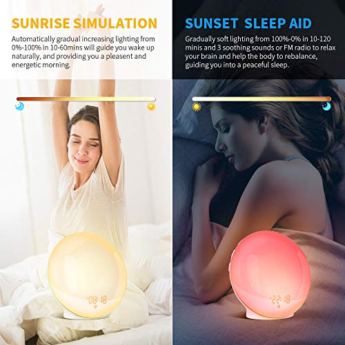 Wake Up Light LED, 2021 Despertador Luz Amanecer Simulación de Amanecer y Atardece, 2 Alarmas, 20 Niveles Brillo, 7 Luces de Colores 7 Sonidos Naturales, Función Snooze, Radio FM, Despertador Infantil