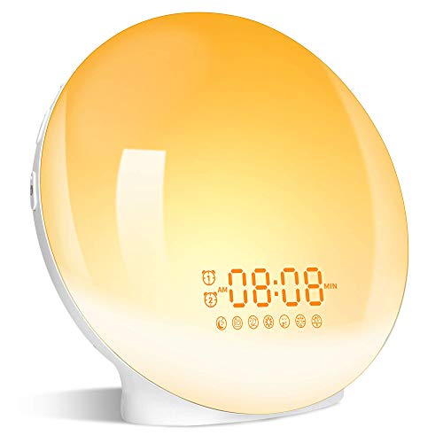 Wake Up Light LED, 2021 Despertador Luz Amanecer Simulación de Amanecer y Atardece, 2 Alarmas, 20 Niveles Brillo, 7 Luces de Colores 7 Sonidos Naturales, Función Snooze, Radio FM, Despertador Infantil