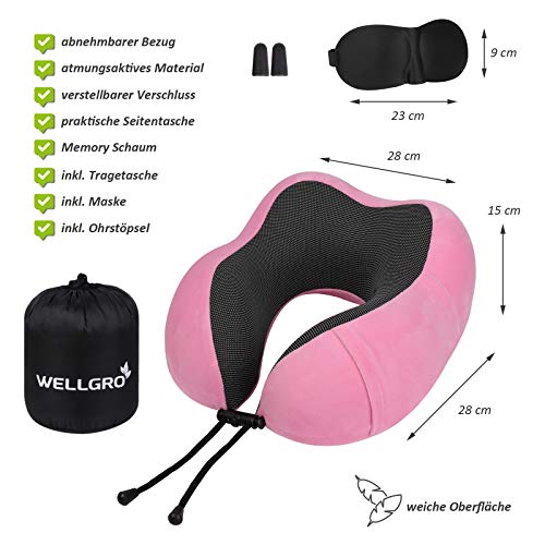 Wellgro - Juego de almohadas cervicales con máscara de dormir 3D y tapones para los oídos, funda extraíble, espuma viscoelástica, cremallera, color a elegir, color: rosa