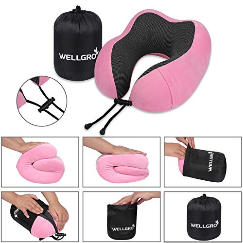 Wellgro - Juego de almohadas cervicales con máscara de dormir 3D y tapones para los oídos, funda extraíble, espuma viscoelástica, cremallera, color a elegir, color: rosa