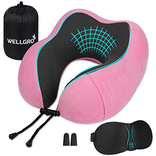 Wellgro - Juego de almohadas cervicales con máscara de dormir 3D y tapones para los oídos, funda extraíble, espuma viscoelástica, cremallera, color a elegir, color: rosa