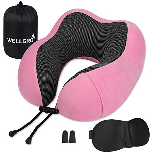 Wellgro - Juego de almohadas cervicales con máscara de dormir 3D y tapones para los oídos, funda extraíble, espuma viscoelástica, cremallera, color a elegir, color: rosa