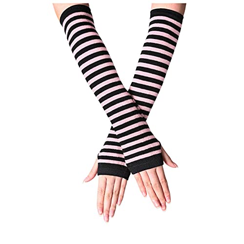 WOYAOFEI Guantes de invierno para mujer, manga larga, calentadores de brazos, estilo punk, gótico, diseño de rayas, elásticos, sin dedos, para exterior e interior, Rosa., M