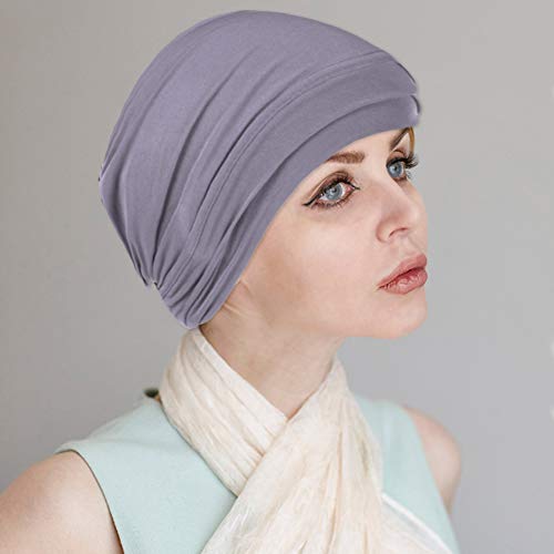 Xiangmall 2 Piezas Sombrero de Quimio Slouchy Beanie Elástico Pañuelo la Cabeza Turbante Oncologicos para Mujer Cáncer Pérdida de Pelo (Gris y morado claro)