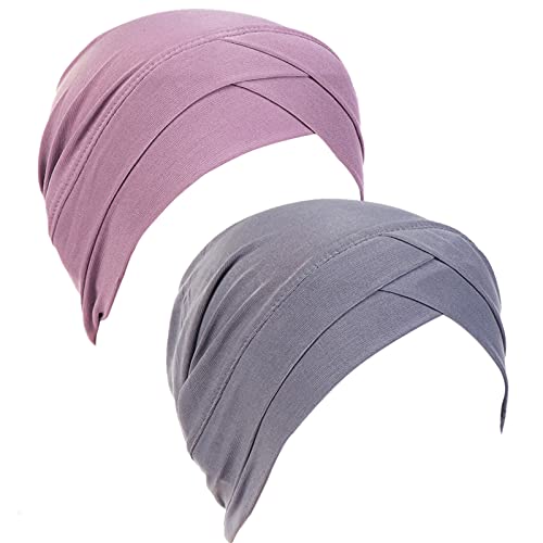 Xiangmall 2 Piezas Sombrero de Quimio Slouchy Beanie Elástico Pañuelo la Cabeza Turbante Oncologicos para Mujer Cáncer Pérdida de Pelo (Gris y morado claro)