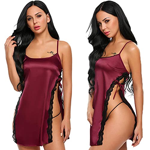 XIAOJIJI Ataduras Eróticasporno Sexy Mujeres Lencería Seda con Cordones Hot Erotic Babydoll Robe Mini Vestido Ropa Interior Camisón XL Rojo