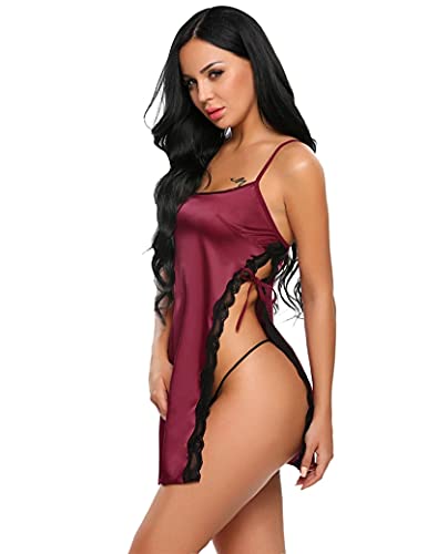 XIAOJIJI Ataduras Eróticasporno Sexy Mujeres Lencería Seda con Cordones Hot Erotic Babydoll Robe Mini Vestido Ropa Interior Camisón XL Rojo