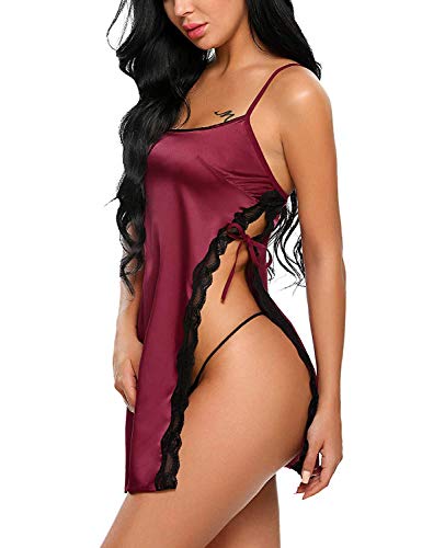 XIAOJIJI Ataduras Eróticasporno Sexy Mujeres Lencería Seda con Cordones Hot Erotic Babydoll Robe Mini Vestido Ropa Interior Camisón XL Rojo