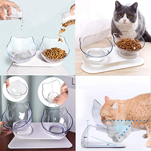 Xumier 6pcs Tazón de Gato Ortopédico Plataforma Inclinada de 15°Alimentador para Gatos Boca oblicua de doble cuenco Doble Tazón para Gatos con Soporte Elevado+Cuchara para Alimentos Espátula de comida