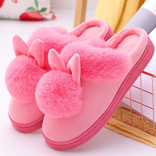 XUNN Pantuflas de invierno para mujer, de peluche, con orejas de conejo, de algodón, cómodas, cálidas, suaves y bonitas, antideslizantes, para casa, invierno y interior, Rosa., 39 EU