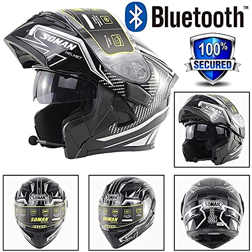 XYYYM Casco De Moto Modular Bluetooth Integrado Casco De Carreras Anticolisión con Visera Solar Doble De Alta Definición Casco Abatible Certificado ECE A Prueba De Viento