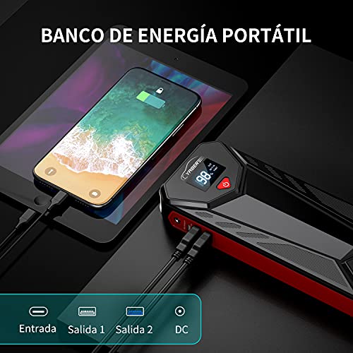 YABER Arrancador de Coches, 23800mAh 2500A Arrancador de Baterias de Coche (para 8.0L de Gasolina o 8.0L de Diesel) con Función de Carga Inversa