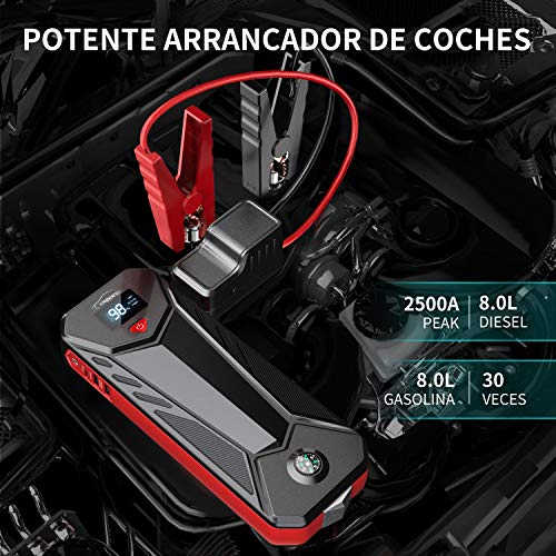 YABER Arrancador de Coches, 23800mAh 2500A Arrancador de Baterias de Coche (para 8.0L de Gasolina o 8.0L de Diesel) con Función de Carga Inversa