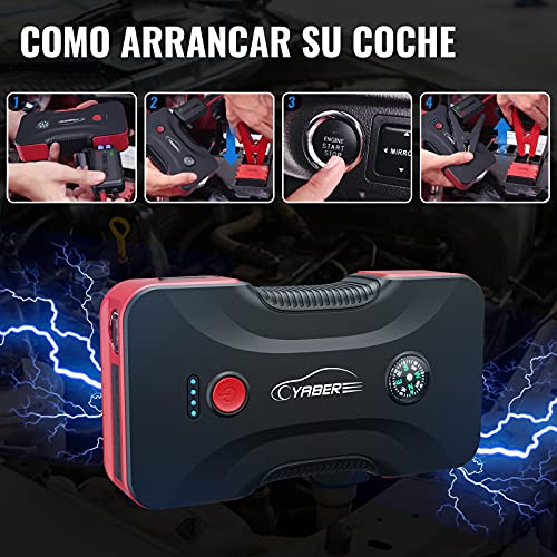 YABER Arrancador de Coches, 800A 12800mAh Arrancador de Baterias de Coche para 6.5L Gasolina o 5.0L Diesel con Linterna LED, Brújula, Martillo de Seguridad