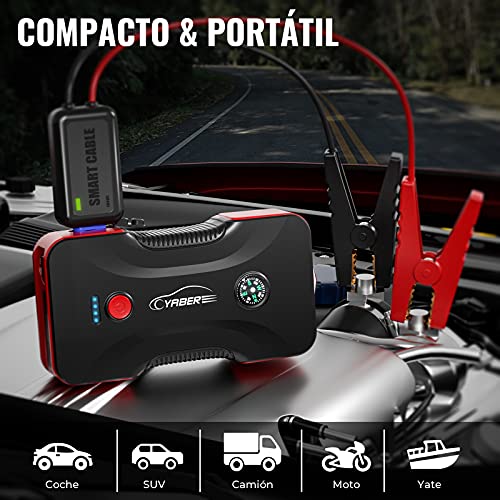 YABER Arrancador de Coches, 800A 12800mAh Arrancador de Baterias de Coche para 6.5L Gasolina o 5.0L Diesel con Linterna LED, Brújula, Martillo de Seguridad