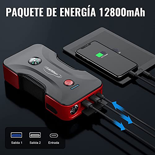 YABER Arrancador de Coches, 800A 12800mAh Arrancador de Baterias de Coche para 6.5L Gasolina o 5.0L Diesel con Linterna LED, Brújula, Martillo de Seguridad