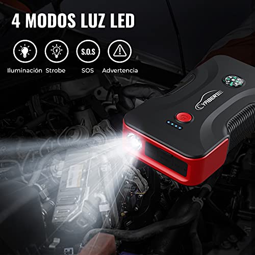 YABER Arrancador de Coches, 800A 12800mAh Arrancador de Baterias de Coche para 6.5L Gasolina o 5.0L Diesel con Linterna LED, Brújula, Martillo de Seguridad