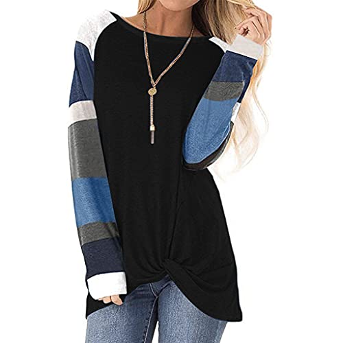 YANFANG Top De Patchwork Manga Larga con Rayas,Camisa Blusa TúNica Camiseta,Suelta Camiseta Estampado AsiméTrico Casual Verano Superior,Negro,L