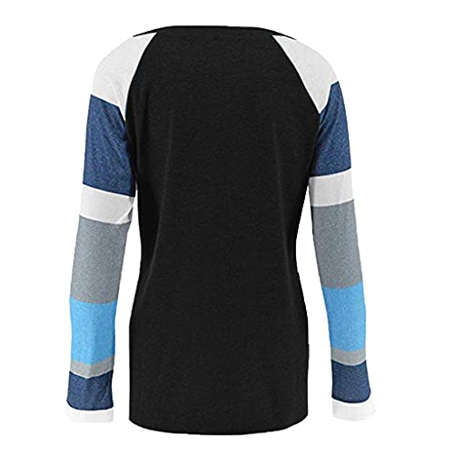 YANFANG Top De Patchwork Manga Larga con Rayas,Camisa Blusa TúNica Camiseta,Suelta Camiseta Estampado AsiméTrico Casual Verano Superior,Negro,L