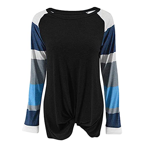 YANFANG Top De Patchwork Manga Larga con Rayas,Camisa Blusa TúNica Camiseta,Suelta Camiseta Estampado AsiméTrico Casual Verano Superior,Negro,L