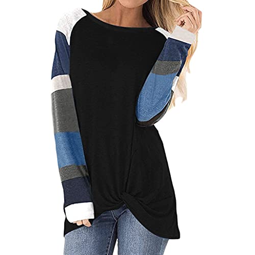 YANFANG Top De Patchwork Manga Larga con Rayas,Camisa Blusa TúNica Camiseta,Suelta Camiseta Estampado AsiméTrico Casual Verano Superior,Negro,L