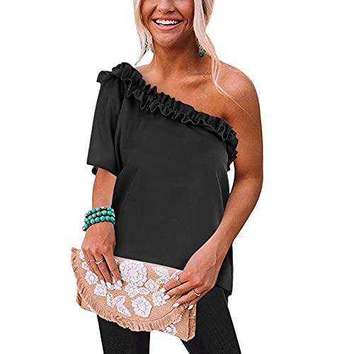 YANFANG Top Plisado con Volantes para Mujer, Informal, Fuera del Hombro,Camisa De Manga Corta Hombros Descubiertos Y SóLidos Mujer Tops Sueltos Gasa Empalme,Negro,XXL