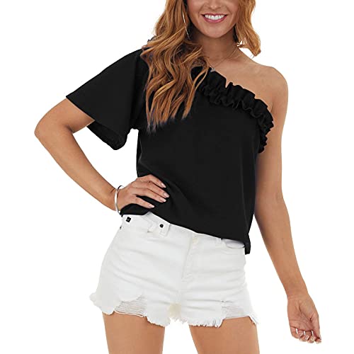 YANFANG Top Plisado con Volantes para Mujer, Informal, Fuera del Hombro,Camisa De Manga Corta Hombros Descubiertos Y SóLidos Mujer Tops Sueltos Gasa Empalme,Negro,XXL