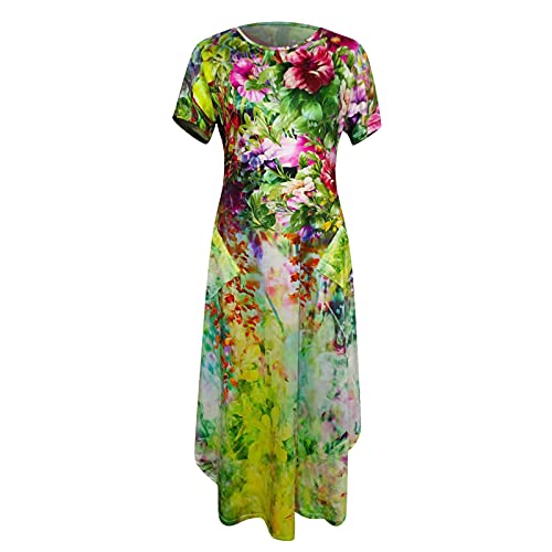 YANFANG Vestido Casual De Longitud Media Dividida Manga Corta Delgada Estampada para Mujer,Vestido Midi Dividido Largo Noche Fiesta Playa Larga,Multicolor,XL