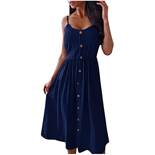 YANFANG Vestido De Tirantes Un Solo Pecho Color SóLido Longitud Media AlgodóN Y Lino para Mujer,Vestidos Playa Mujer Sexy Botones Verano Camisola A Pierna Informal Una LíNea,Ropa Fiesta,Azul Marino,L