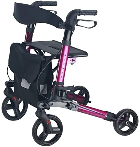 YHQKJ Caminante de Viaje Ligero, rollador Plegable con Ruedas y Asiento, Silla de Transporte de Altura Ajustable Freno Dual for Adultos Mayores Ancianos (Color : Purple)