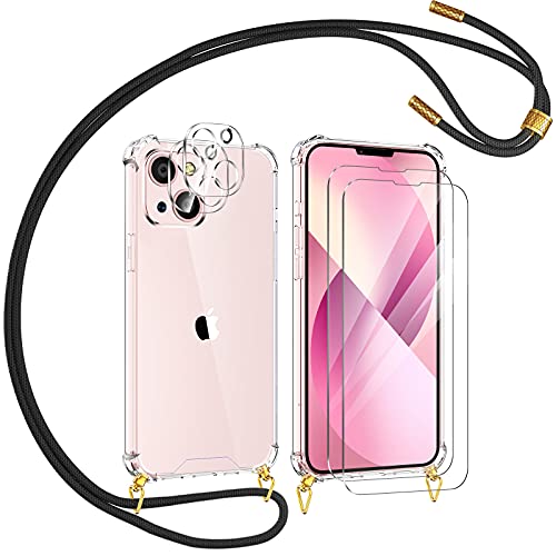 YIRSUR Funda con Cuerda Compatible con iPhone 13, con 2 Pack Cristal Templado y 2 Pack Protector de Lente de Cámara, PC Carcasa Transparente con Colgante Ajustable Correa de Cuello Cordón Negro