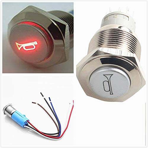 YIYDA Interruptor de botón pulsador de bocina de coche de enclavamiento Interruptor de botón de altavoz momentáneo de 12V ON/OFF LED rojo de 16 mm Botón de reinicio Interruptor de bocina de metal