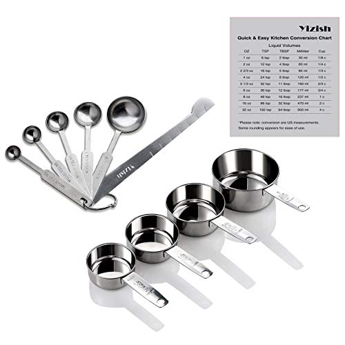 Yizish tazas de acero inoxidable de medición y cucharas con la regla de medición, tabla de conversión de la cocina conjunto de 10, para ingredientes secos y líquidos