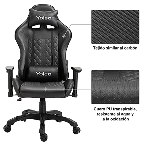 YOLEO Silla Gaming Profesional, Silla Ajustable Giratoria para Juegos, Silla de Computadora, con Reposapiés Retráctil, Ergonómica, Carga Máxima de 150 kg, Negro