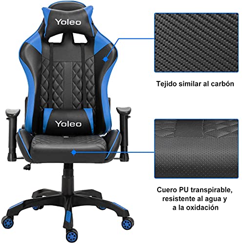 YOLEO Silla Gaming Profesional, Silla Ajustable Giratoria para Juegos, Silla de Computadora, Reposabrazos Ajustables y Respaldo, Ergonómica, Carga Máxima de 150 kg, Azul