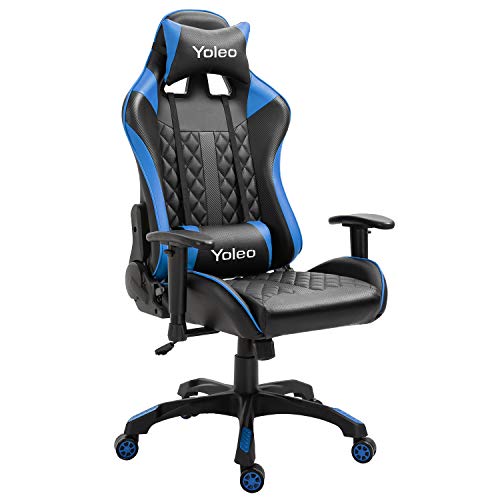 YOLEO Silla Gaming Profesional, Silla Ajustable Giratoria para Juegos, Silla de Computadora, Reposabrazos Ajustables y Respaldo, Ergonómica, Carga Máxima de 150 kg, Azul