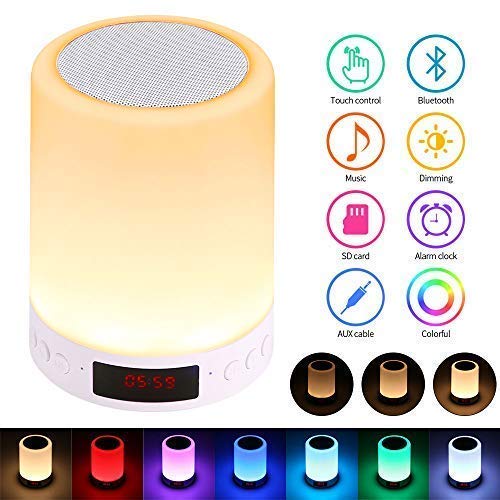 Youool Luces Nocturna Altavoz Bluetooth, 1200 mAh Luz Mesita de Noche, Portátil Lámpara de Mesa LED Táctil 5 en 1 con Radio FM Reloj deSpertador Lámpara de Noche Regulable