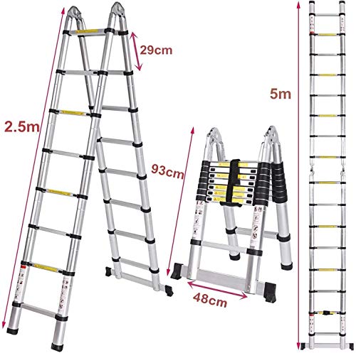 Youth ever Escalera Telescópica 5M (2,5M+2,5M) Escalera Plegable Aleación de Aluminio Multiusos, Escalera Portátil de 16 Escalones conBarra de Equilibrio, Carga 150 KG