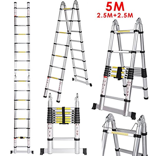 Youth ever Escalera Telescópica 5M (2,5M+2,5M) Escalera Plegable Aleación de Aluminio Multiusos, Escalera Portátil de 16 Escalones conBarra de Equilibrio, Carga 150 KG