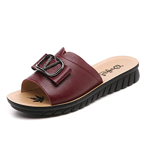 ypyrhh Zapatos Unisex Adulto,Zapatillas de Fondo Suaves de Cuero, Zip Plano Grande-Vino Tinto_36,Zapatillas Flip Flops Sandal