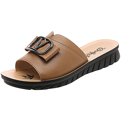 ypyrhh Zapatos Unisex Adulto,Zapatillas de Fondo Suaves de Cuero, Zip Plano Grande-Vino Tinto_36,Zapatillas Flip Flops Sandal